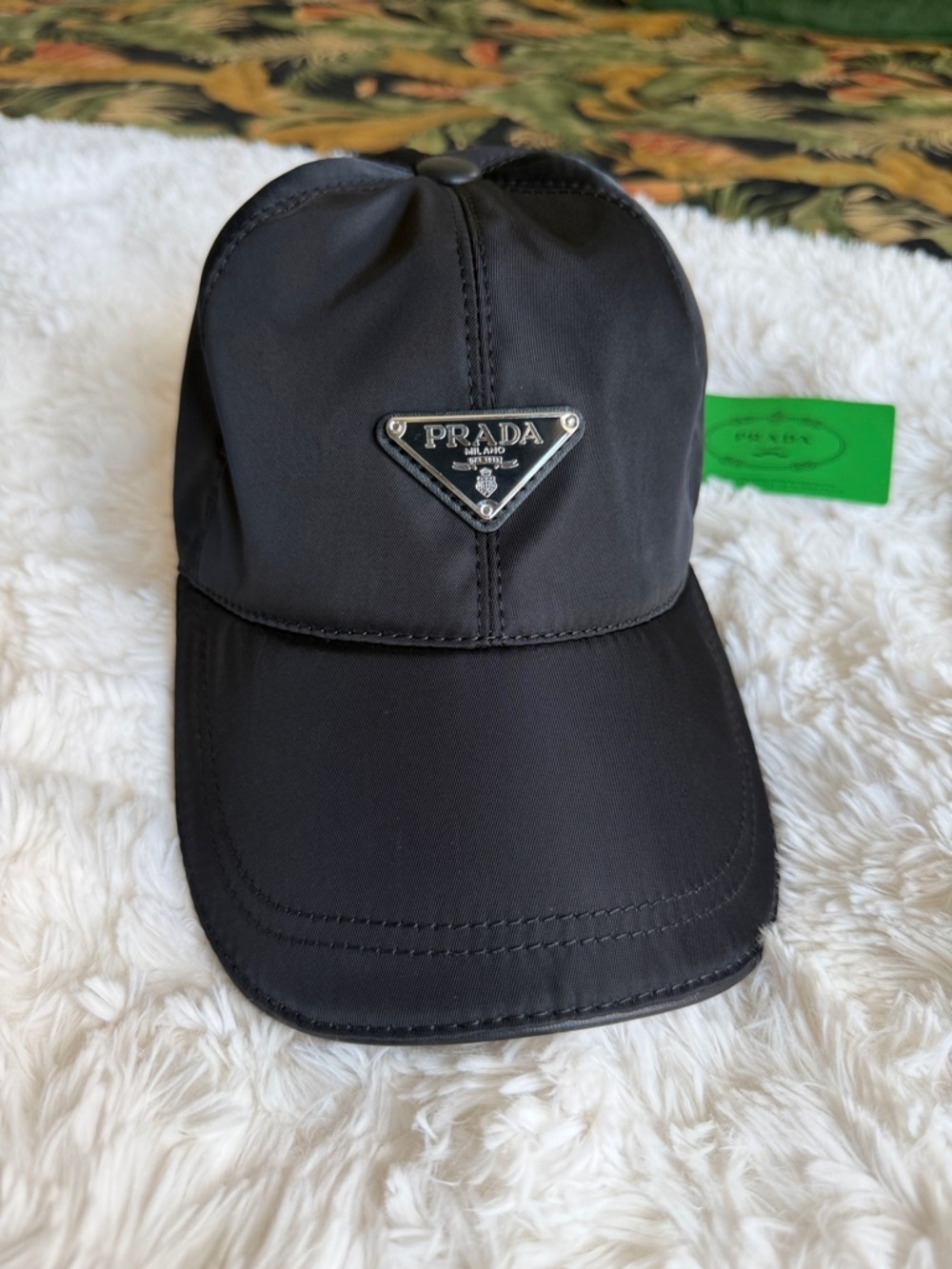 Prada Black Nylon Baseball Cap with Silver Triangle Logo